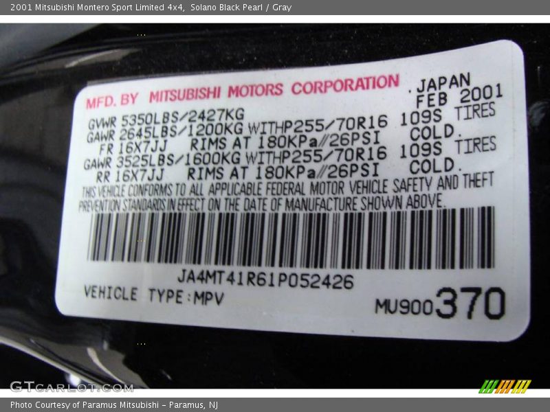 Solano Black Pearl / Gray 2001 Mitsubishi Montero Sport Limited 4x4
