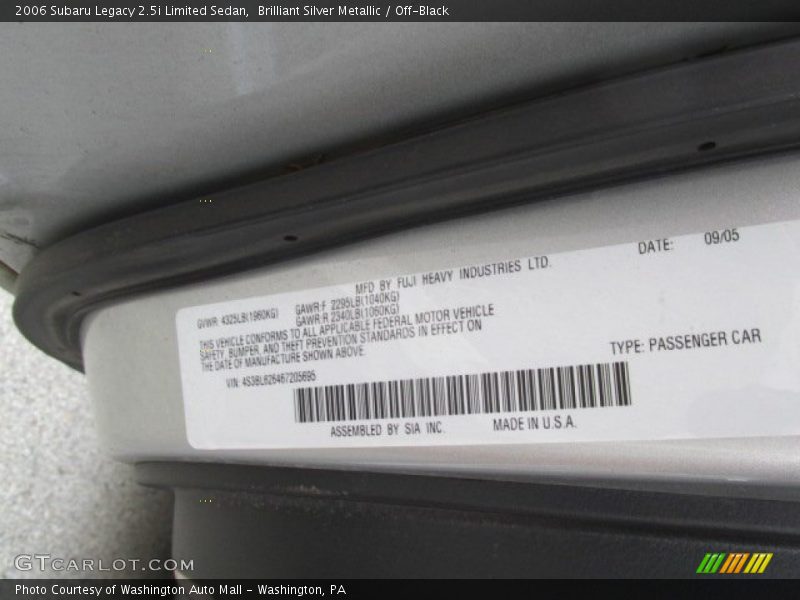 Brilliant Silver Metallic / Off-Black 2006 Subaru Legacy 2.5i Limited Sedan