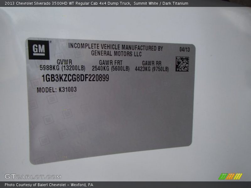 Summit White / Dark Titanium 2013 Chevrolet Silverado 3500HD WT Regular Cab 4x4 Dump Truck