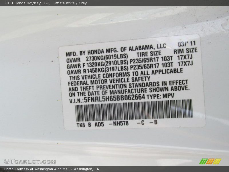Taffeta White / Gray 2011 Honda Odyssey EX-L