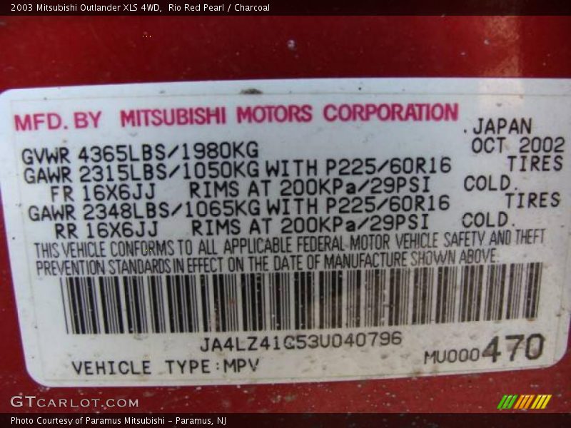 Rio Red Pearl / Charcoal 2003 Mitsubishi Outlander XLS 4WD