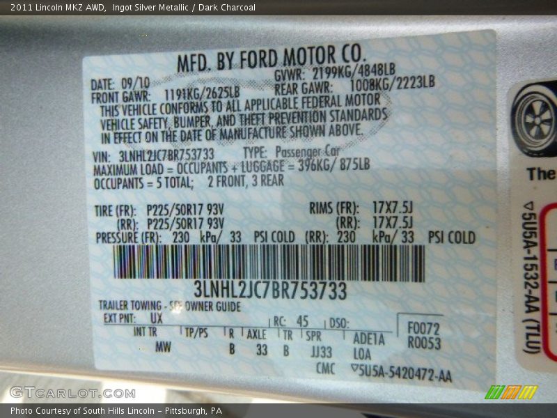 Ingot Silver Metallic / Dark Charcoal 2011 Lincoln MKZ AWD