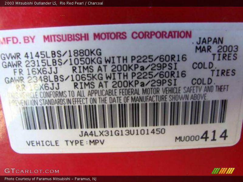 Rio Red Pearl / Charcoal 2003 Mitsubishi Outlander LS