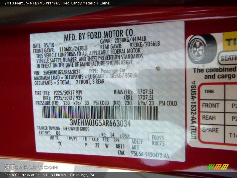 Red Candy Metallic / Camel 2010 Mercury Milan V6 Premier