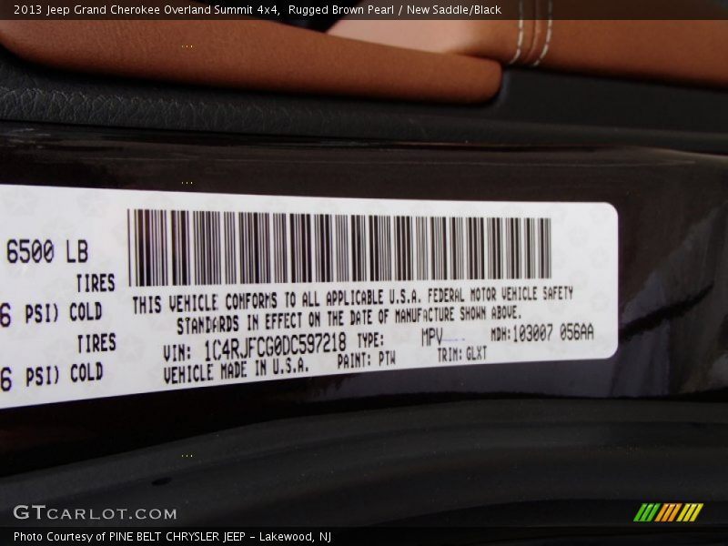 2013 Grand Cherokee Overland Summit 4x4 Rugged Brown Pearl Color Code PTW
