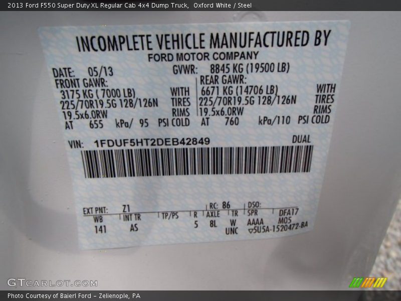 2013 F550 Super Duty XL Regular Cab 4x4 Dump Truck Oxford White Color Code Z1