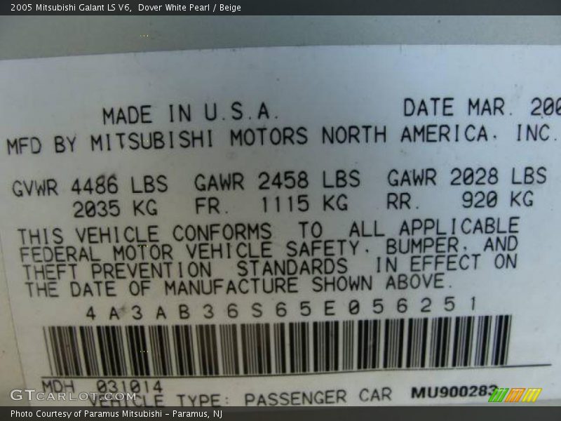 Dover White Pearl / Beige 2005 Mitsubishi Galant LS V6