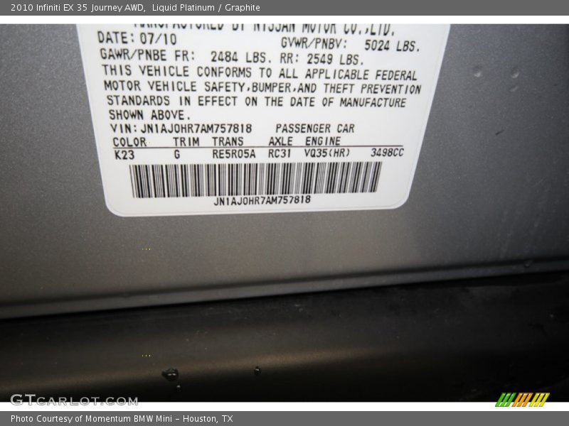 Liquid Platinum / Graphite 2010 Infiniti EX 35 Journey AWD