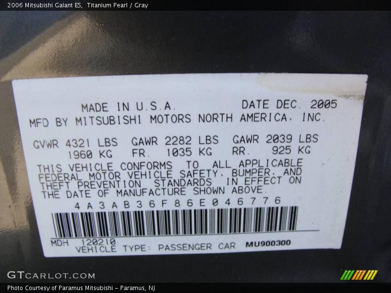 Titanium Pearl / Gray 2006 Mitsubishi Galant ES