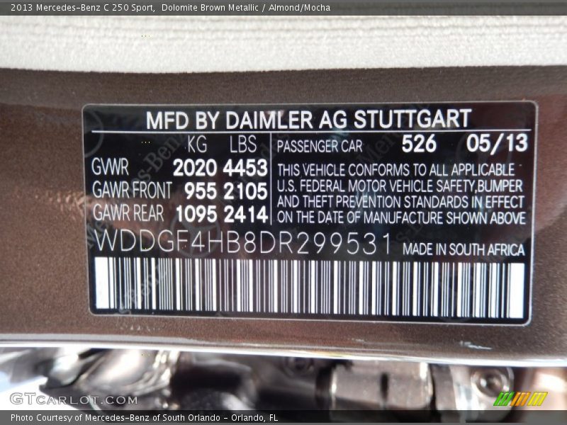2013 C 250 Sport Dolomite Brown Metallic Color Code 526