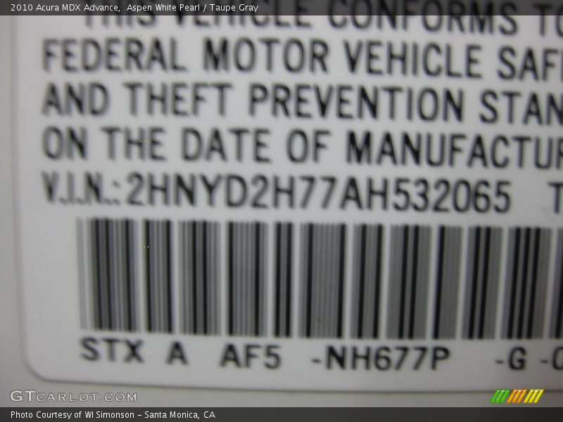 Aspen White Pearl / Taupe Gray 2010 Acura MDX Advance