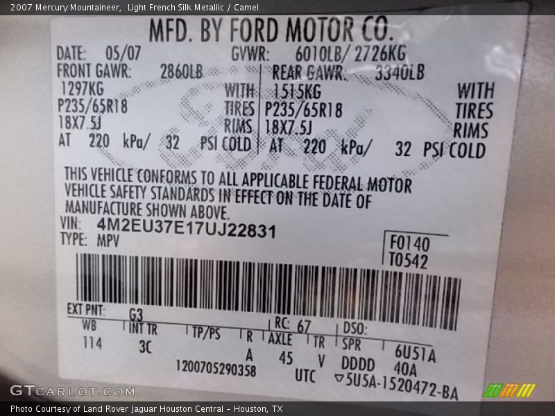 2007 Mountaineer  Light French Silk Metallic Color Code G3