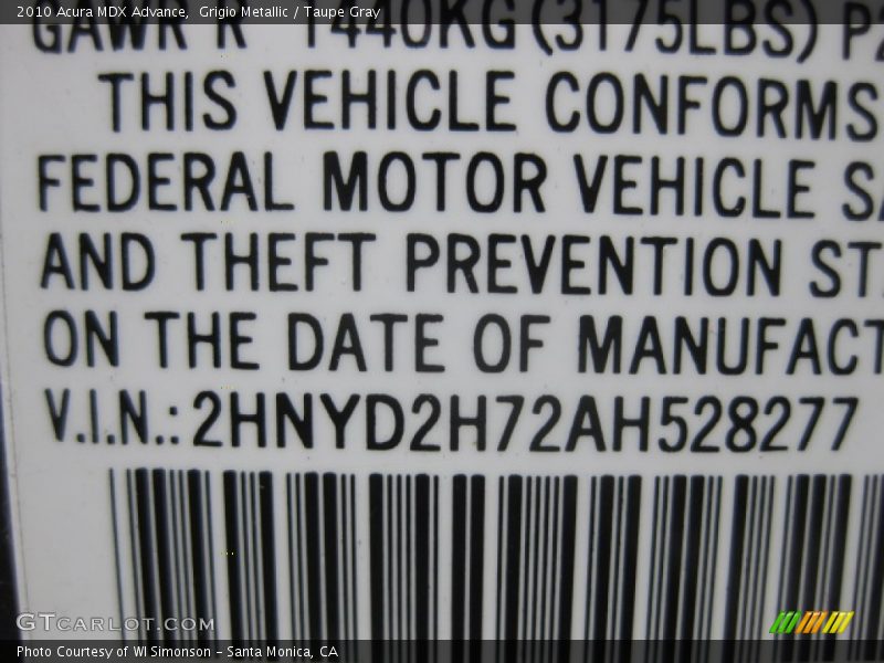 Grigio Metallic / Taupe Gray 2010 Acura MDX Advance