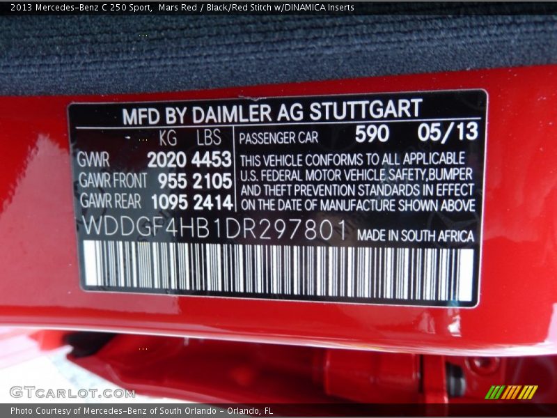 Mars Red / Black/Red Stitch w/DINAMICA Inserts 2013 Mercedes-Benz C 250 Sport