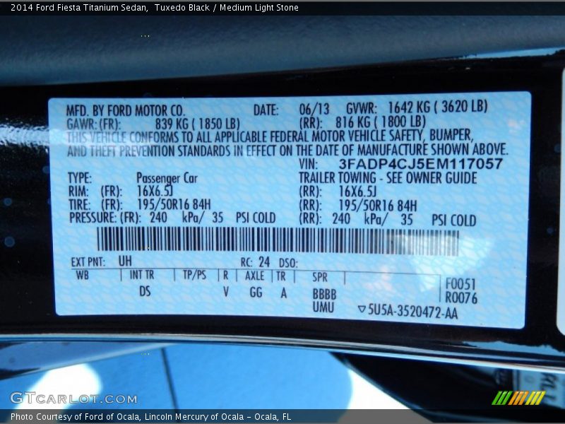 2014 Fiesta Titanium Sedan Tuxedo Black Color Code UH