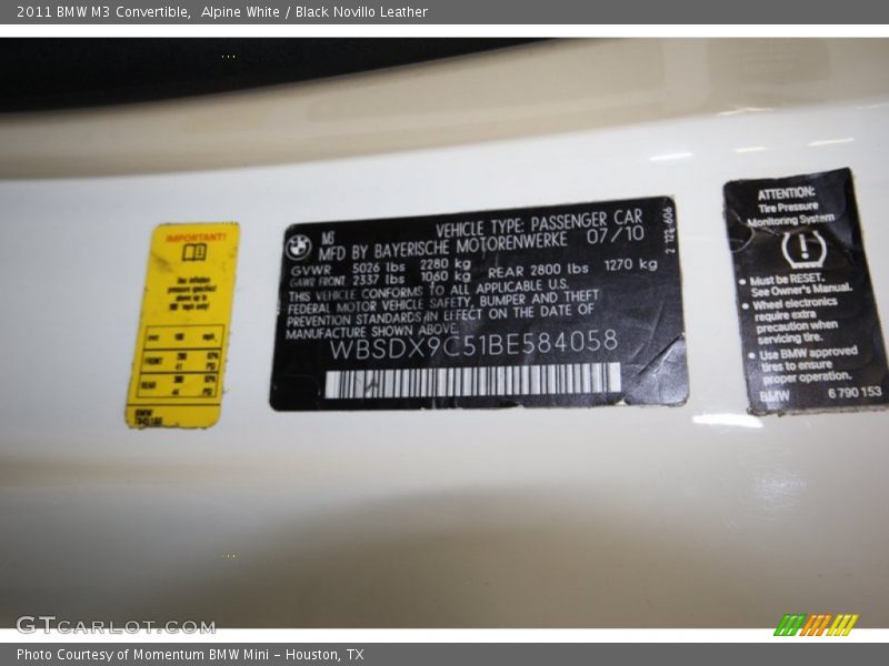 Alpine White / Black Novillo Leather 2011 BMW M3 Convertible