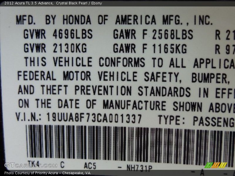 Crystal Black Pearl / Ebony 2012 Acura TL 3.5 Advance