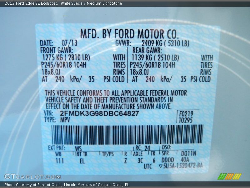 White Suede / Medium Light Stone 2013 Ford Edge SE EcoBoost