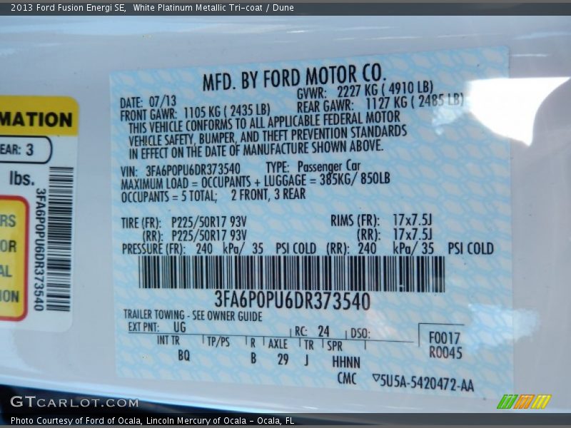 2013 Fusion Energi SE White Platinum Metallic Tri-coat Color Code UG