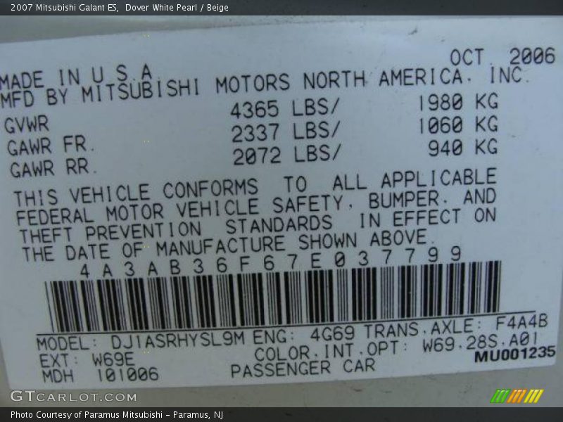 Dover White Pearl / Beige 2007 Mitsubishi Galant ES
