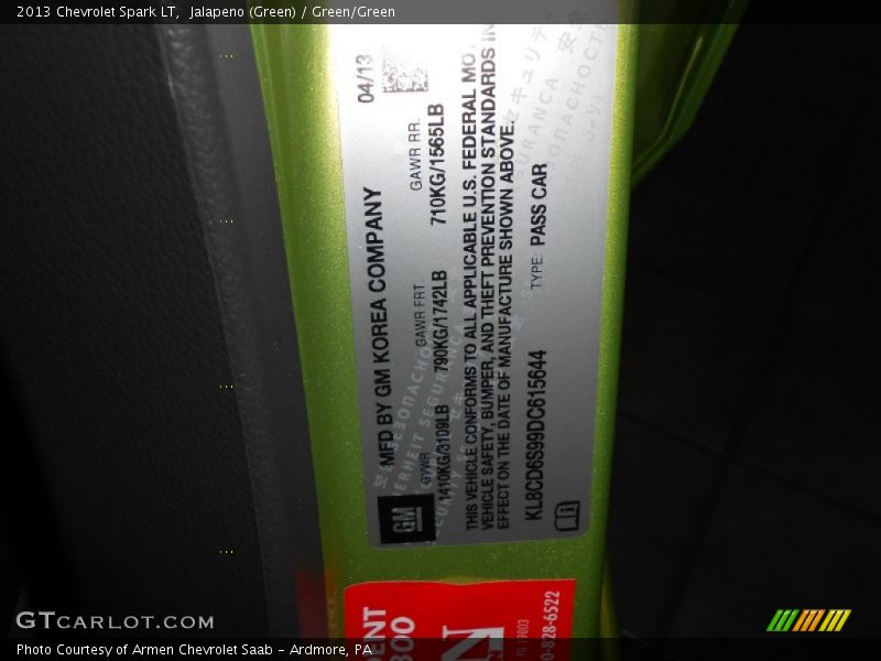 Jalapeno (Green) / Green/Green 2013 Chevrolet Spark LT