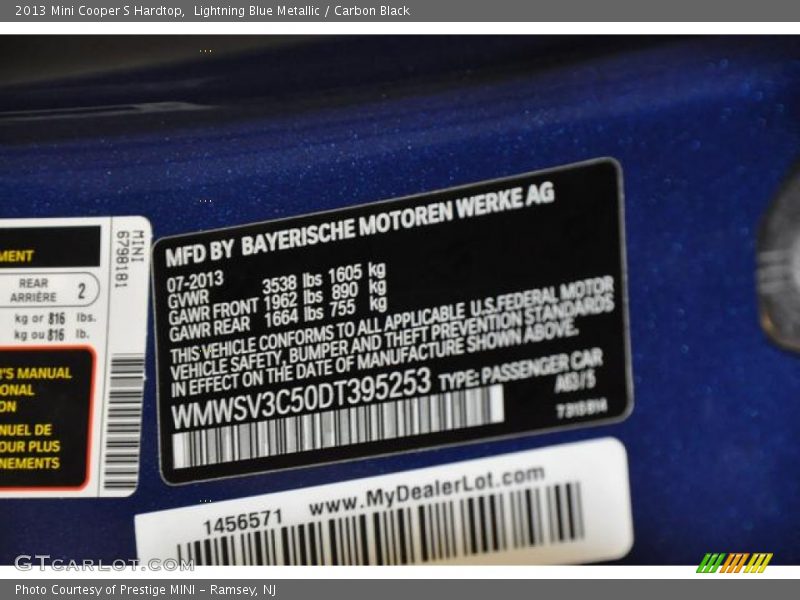 Lightning Blue Metallic / Carbon Black 2013 Mini Cooper S Hardtop