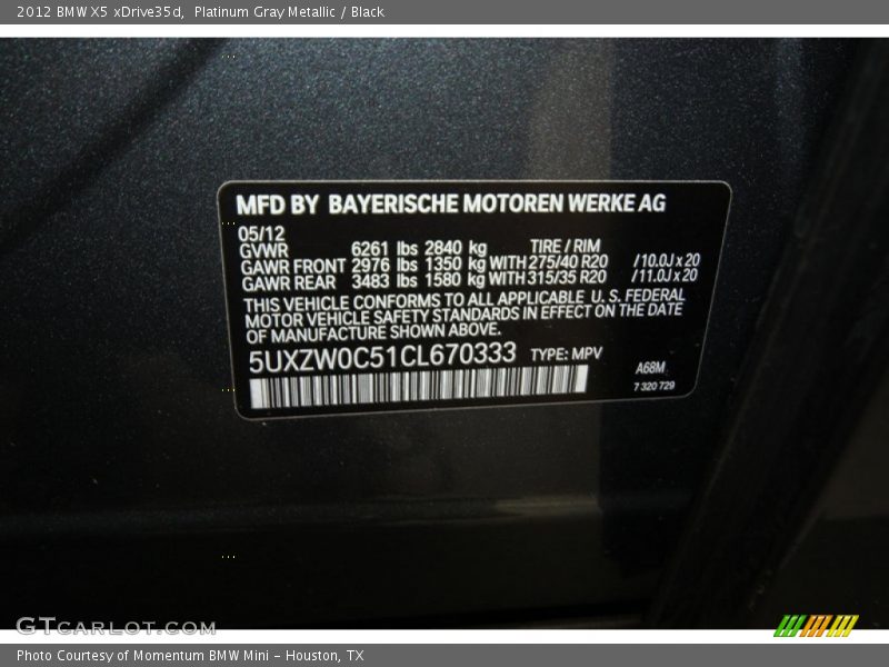 Platinum Gray Metallic / Black 2012 BMW X5 xDrive35d