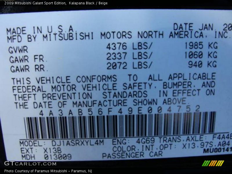 Kalapana Black / Beige 2009 Mitsubishi Galant Sport Edition