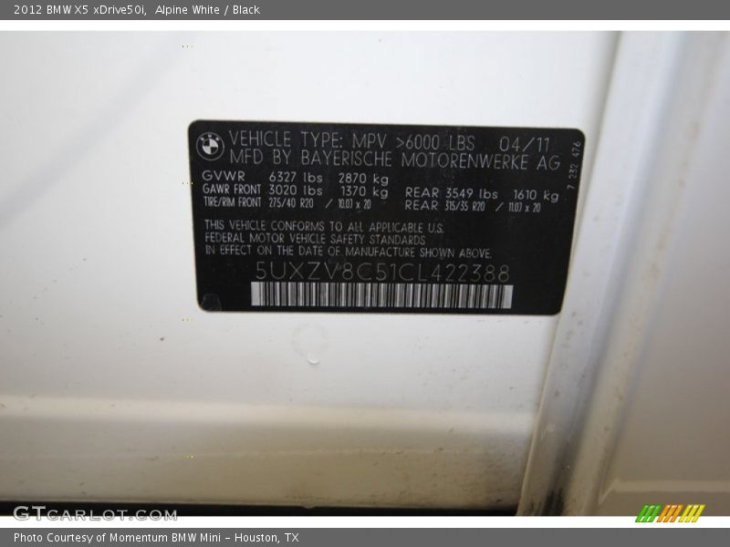 Alpine White / Black 2012 BMW X5 xDrive50i