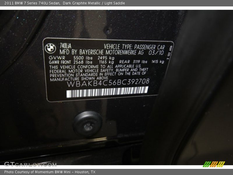 Dark Graphite Metallic / Light Saddle 2011 BMW 7 Series 740Li Sedan