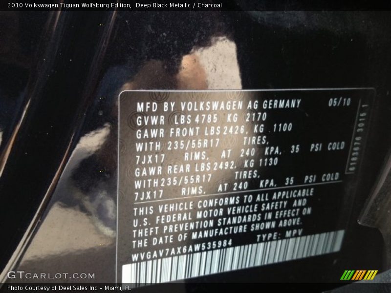 Deep Black Metallic / Charcoal 2010 Volkswagen Tiguan Wolfsburg Edition