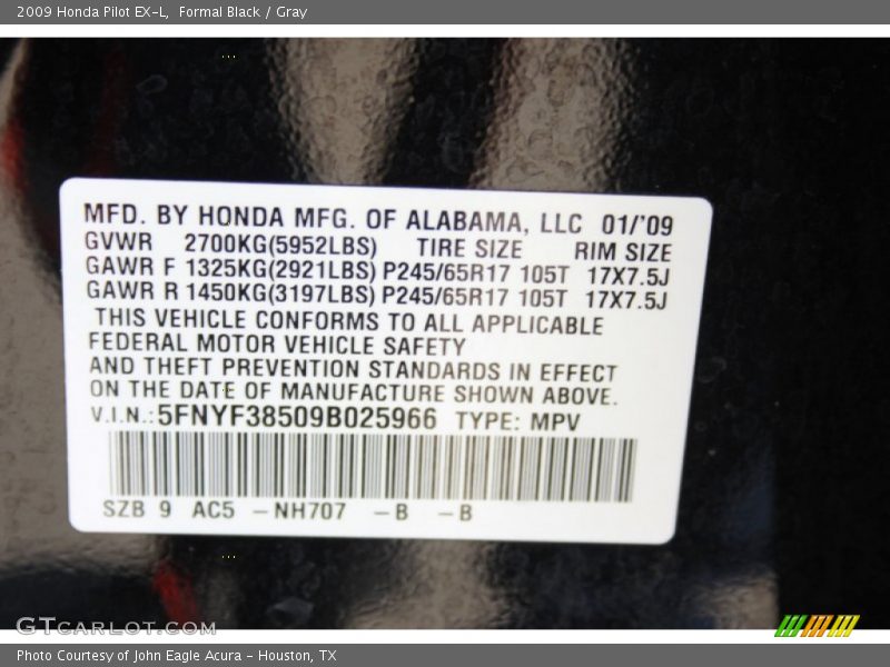 Formal Black / Gray 2009 Honda Pilot EX-L