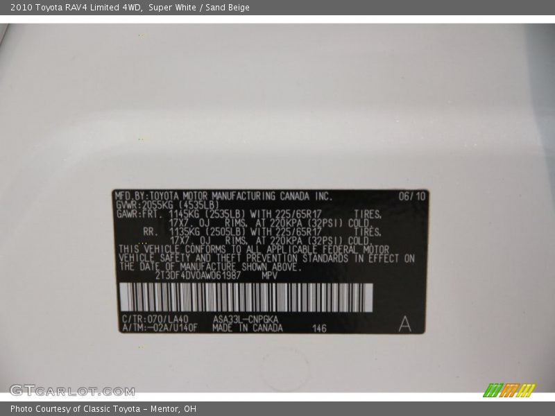 Super White / Sand Beige 2010 Toyota RAV4 Limited 4WD