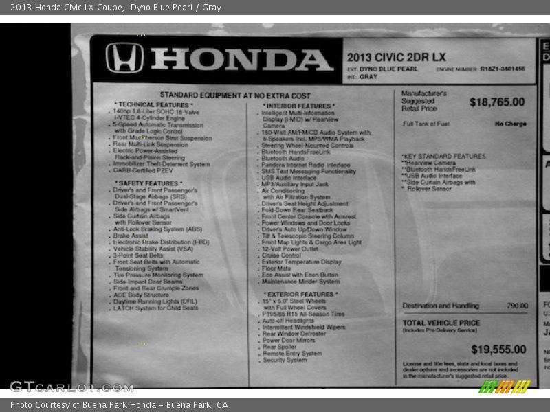 Dyno Blue Pearl / Gray 2013 Honda Civic LX Coupe