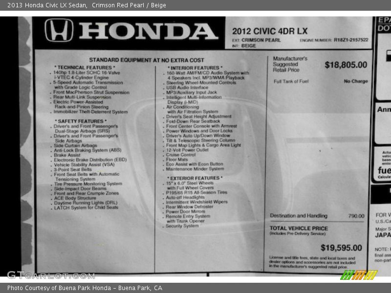 Crimson Red Pearl / Beige 2013 Honda Civic LX Sedan