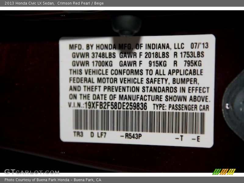 Crimson Red Pearl / Beige 2013 Honda Civic LX Sedan