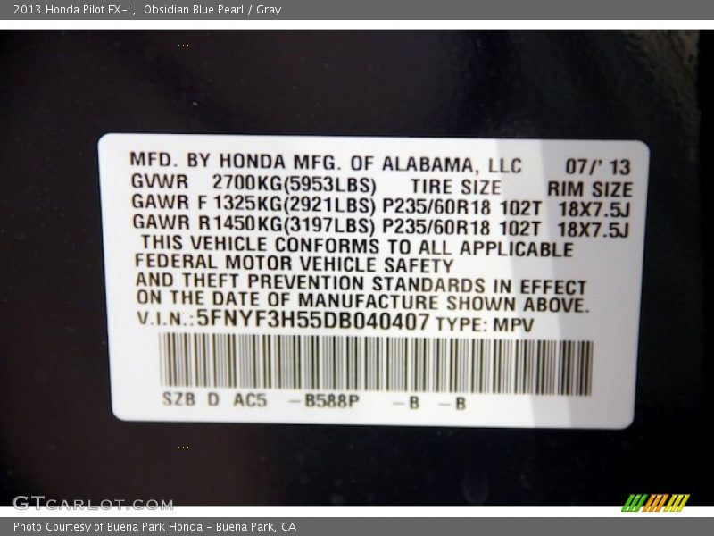 Obsidian Blue Pearl / Gray 2013 Honda Pilot EX-L