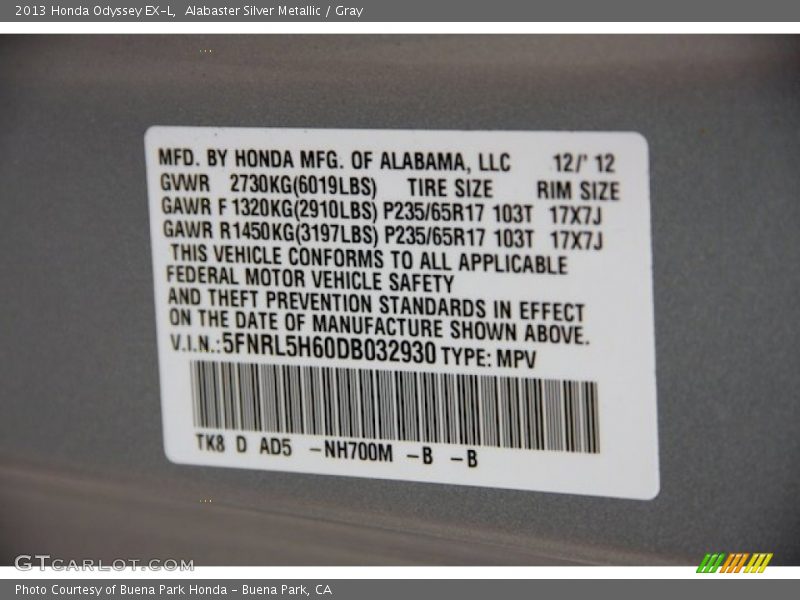 Alabaster Silver Metallic / Gray 2013 Honda Odyssey EX-L