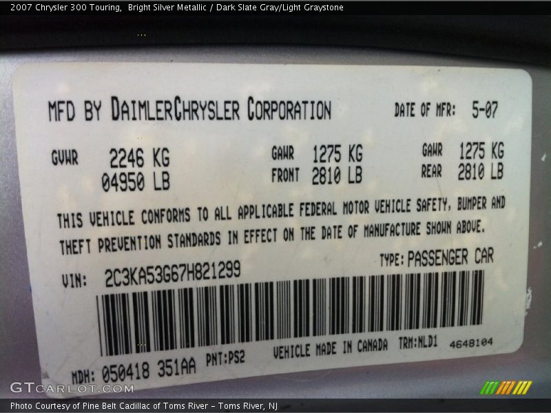 Bright Silver Metallic / Dark Slate Gray/Light Graystone 2007 Chrysler 300 Touring