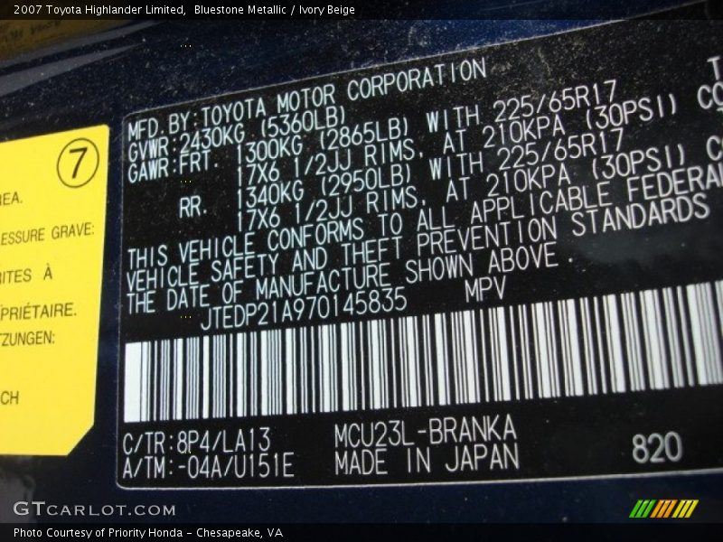 Bluestone Metallic / Ivory Beige 2007 Toyota Highlander Limited