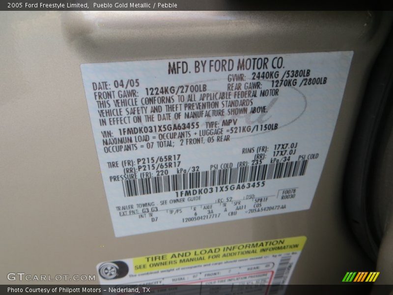 2005 Freestyle Limited Pueblo Gold Metallic Color Code G3