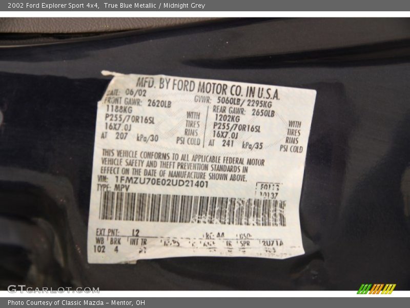 2002 Explorer Sport 4x4 True Blue Metallic Color Code L2