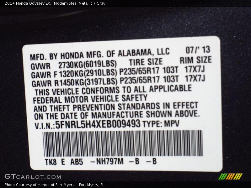 Modern Steel Metallic / Gray 2014 Honda Odyssey EX