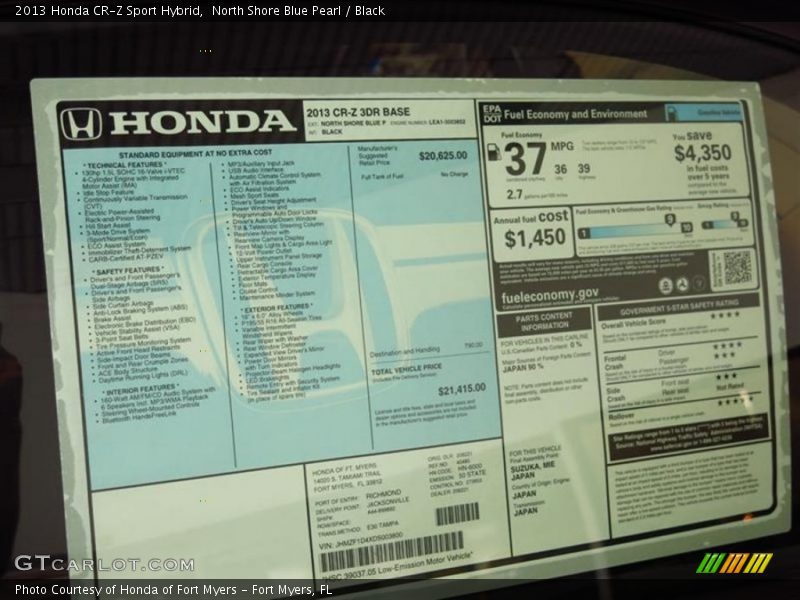  2013 CR-Z Sport Hybrid Window Sticker