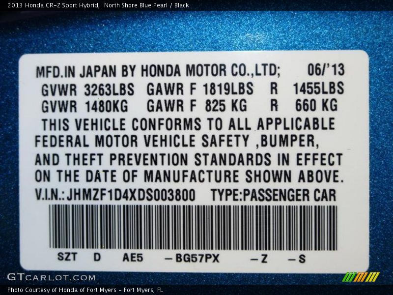 2013 CR-Z Sport Hybrid North Shore Blue Pearl Color Code BG57PX