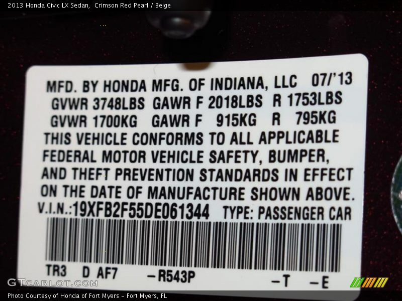 Crimson Red Pearl / Beige 2013 Honda Civic LX Sedan