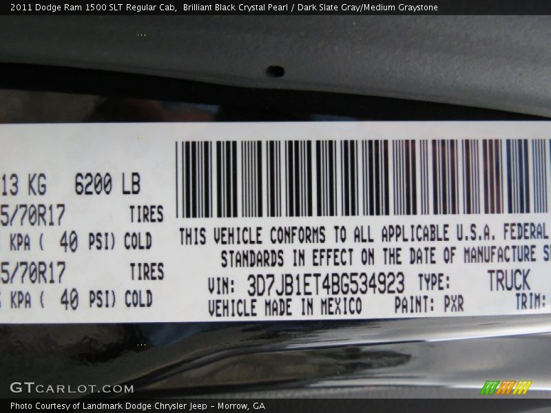 Brilliant Black Crystal Pearl / Dark Slate Gray/Medium Graystone 2011 Dodge Ram 1500 SLT Regular Cab