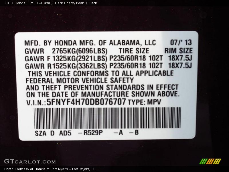 2013 Pilot EX-L 4WD Dark Cherry Pearl Color Code R529P