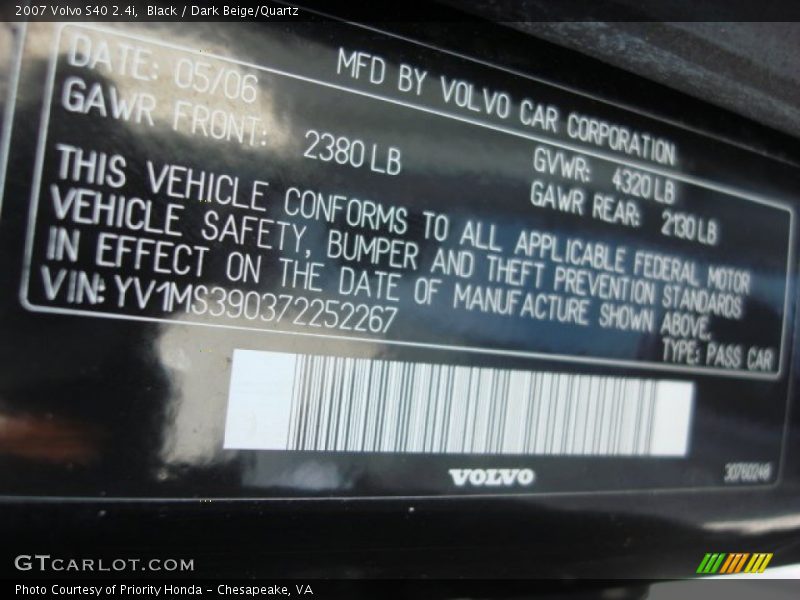 Black / Dark Beige/Quartz 2007 Volvo S40 2.4i