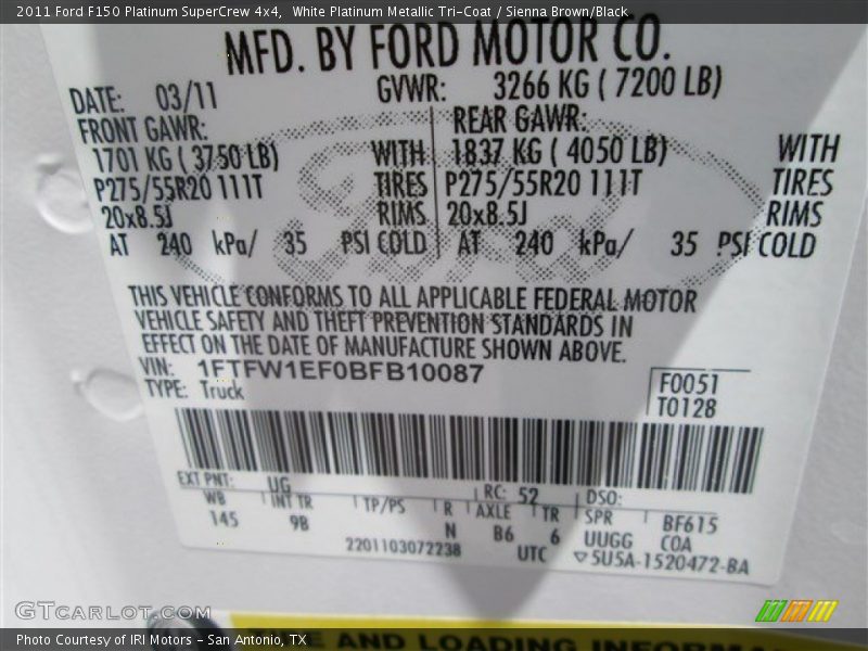 White Platinum Metallic Tri-Coat / Sienna Brown/Black 2011 Ford F150 Platinum SuperCrew 4x4